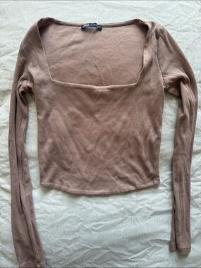 ZARA Mauve-Brown Square Neck Ribbed Long Sleeve Top